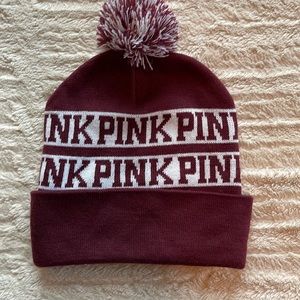 PINK Victoria's Secret Pom Beanie Hat Cap Women's One Size Stretch Maroon Knit